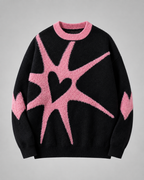 Women's Oversized Graphic Knit Sweater - Black Pink Heart Streetwear