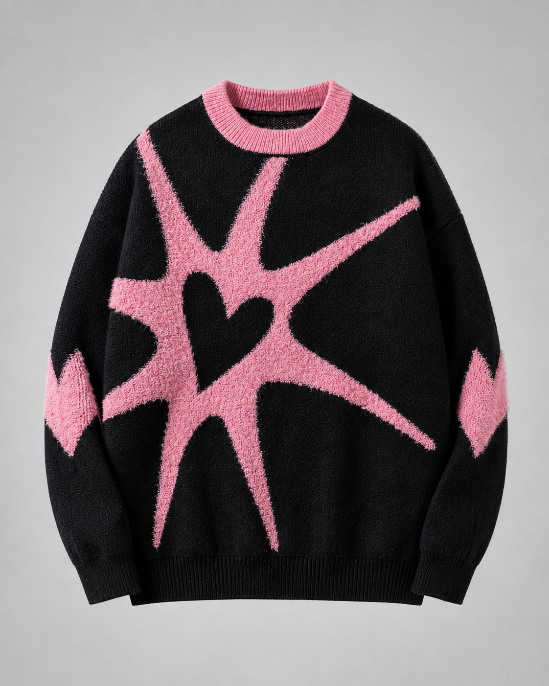 Women's Oversized Graphic Knit Sweater - Black Pink Heart Streetwear