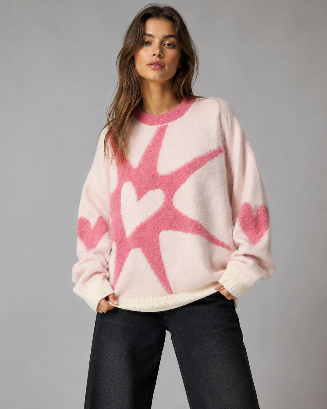 Women's Oversized Graphic Knit Sweater - Black Pink Heart Streetwear
