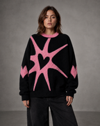 Women's Oversized Graphic Knit Sweater - Black Pink Heart Streetwear
