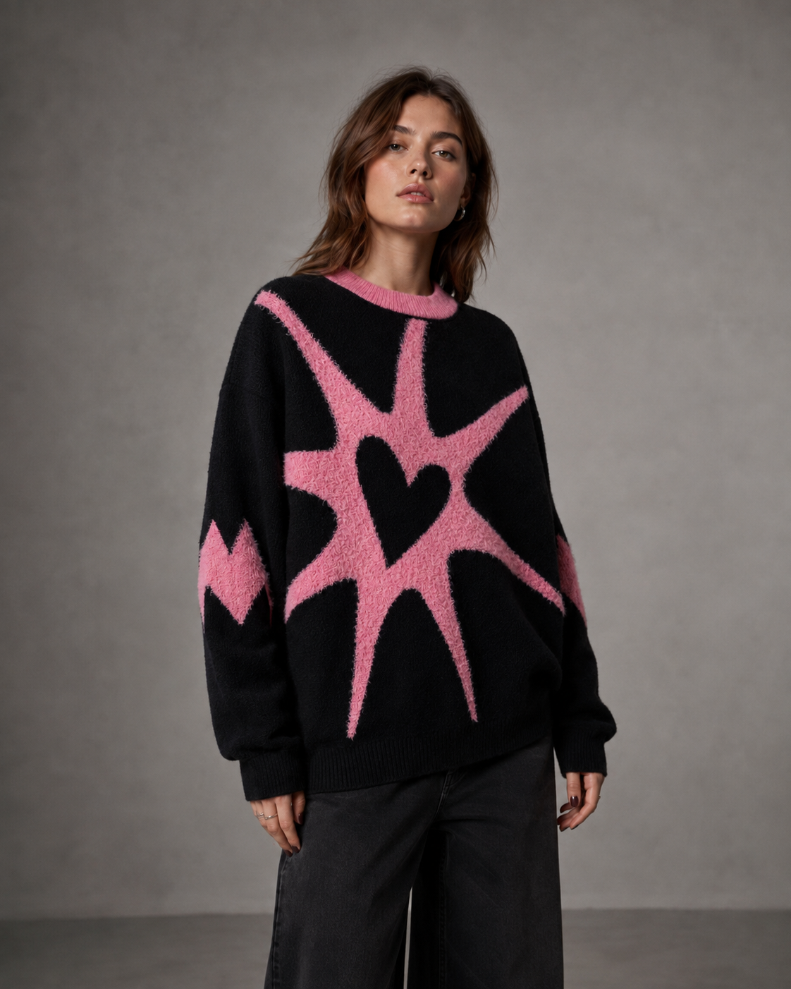 Women's Oversized Graphic Knit Sweater - Black Pink Heart Streetwear