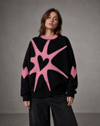 Women's Oversized Graphic Knit Sweater - Black Pink Heart Streetwear