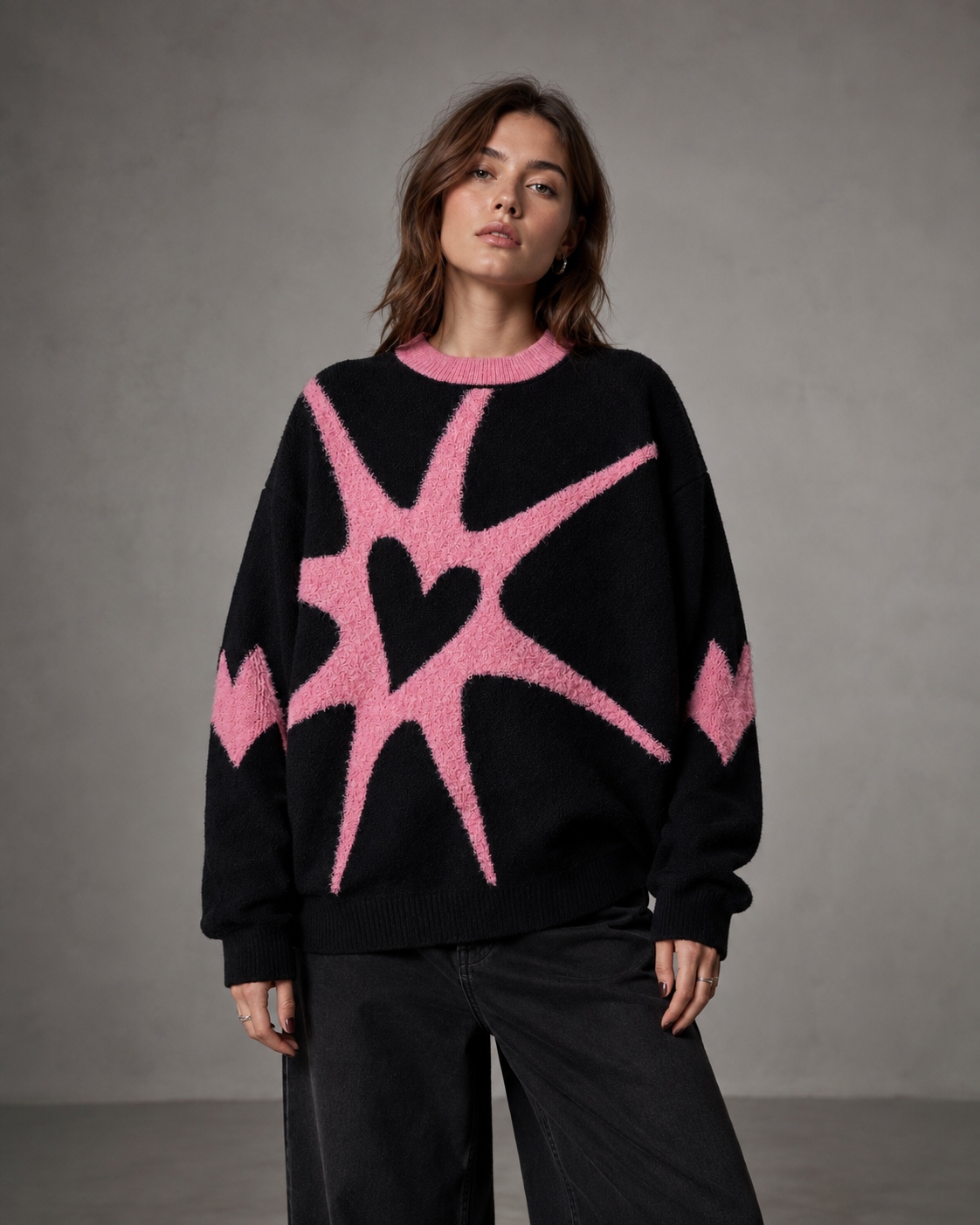 Women's Oversized Graphic Knit Sweater - Black Pink Heart Streetwear
