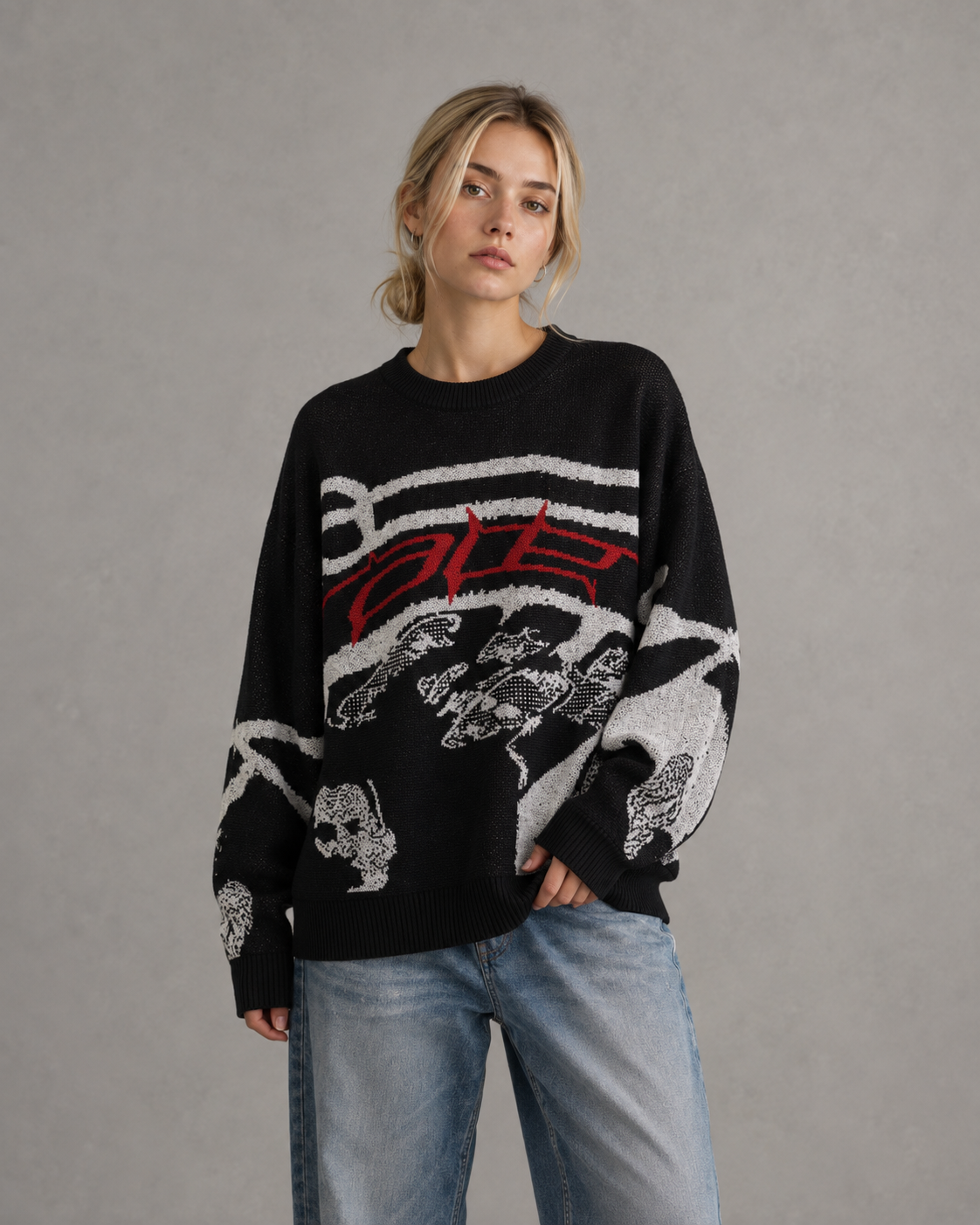 Women's Oversized Graphic Knit Sweater - Relaxed Streetwear Fit