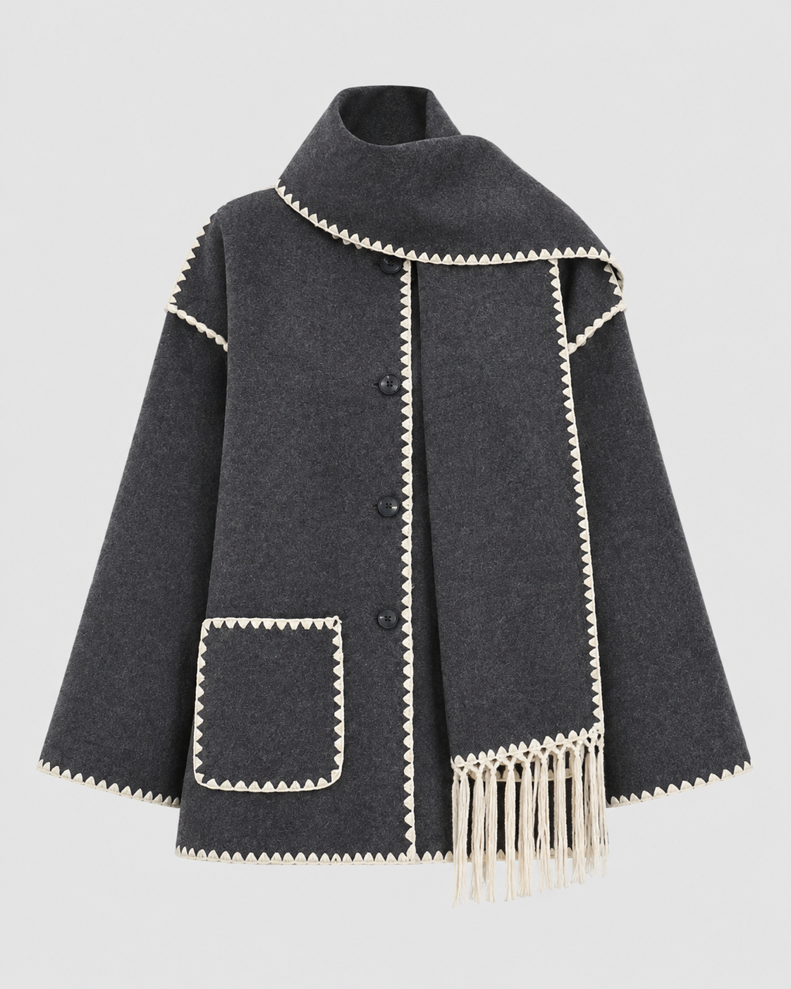 Women's Oversized Scarf Coat - Whipstitch Fringe Trim
