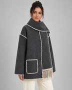 Women's Oversized Scarf Coat - Whipstitch Fringe Trim