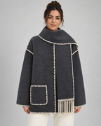 Women's Oversized Scarf Coat - Whipstitch Fringe Trim