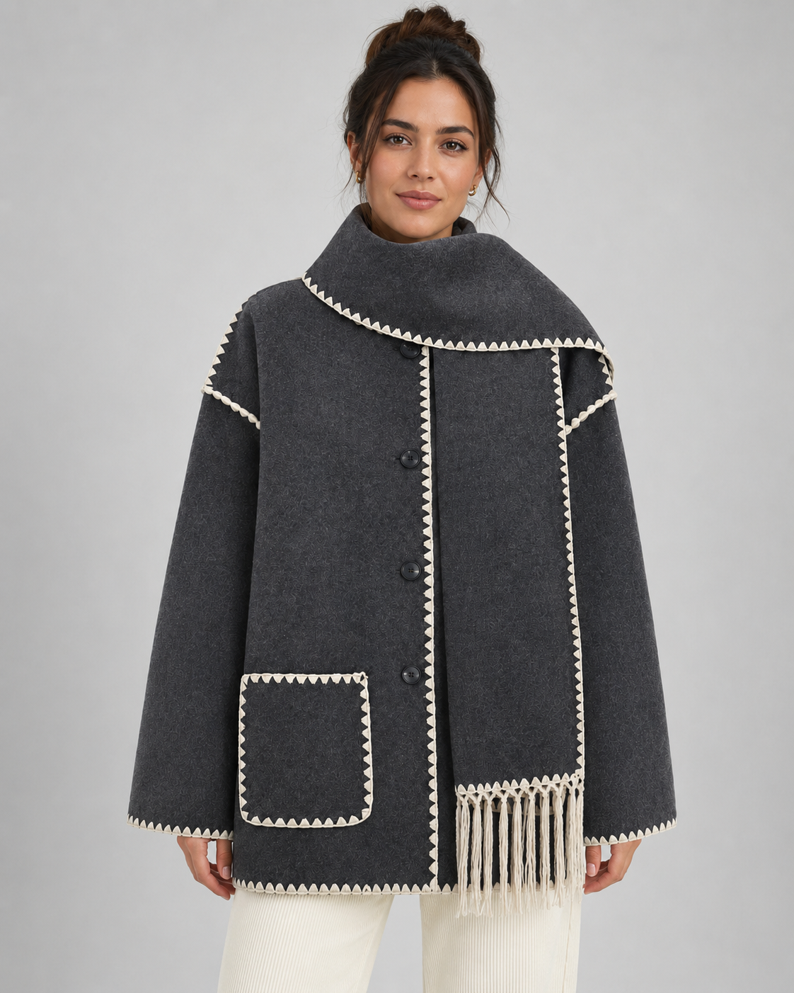 Women's Oversized Scarf Coat - Whipstitch Fringe Trim
