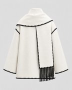 Women's Oversized Scarf Coat - Whipstitch Fringe Trim