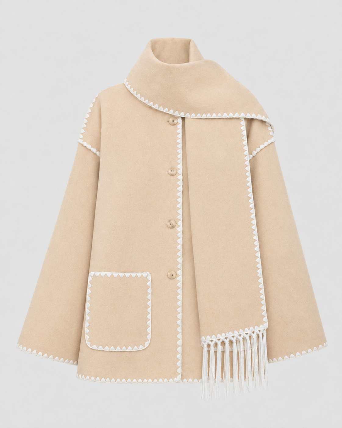 Women's Oversized Scarf Coat - Whipstitch Fringe Trim
