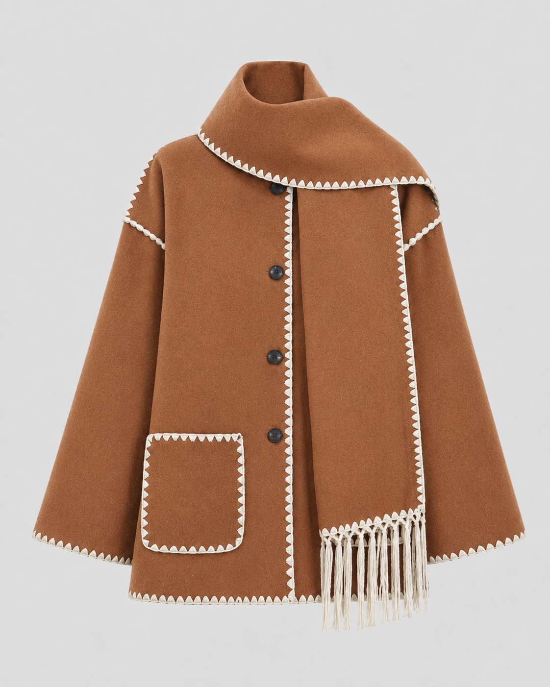 Women's Oversized Scarf Coat - Whipstitch Fringe Trim