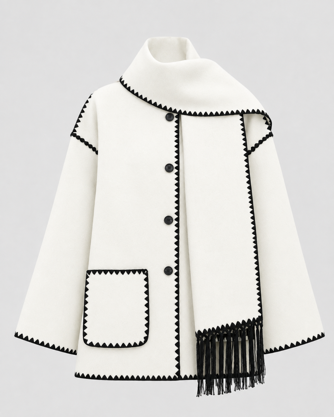 Women's Oversized Scarf Coat - Whipstitch Fringe Trim