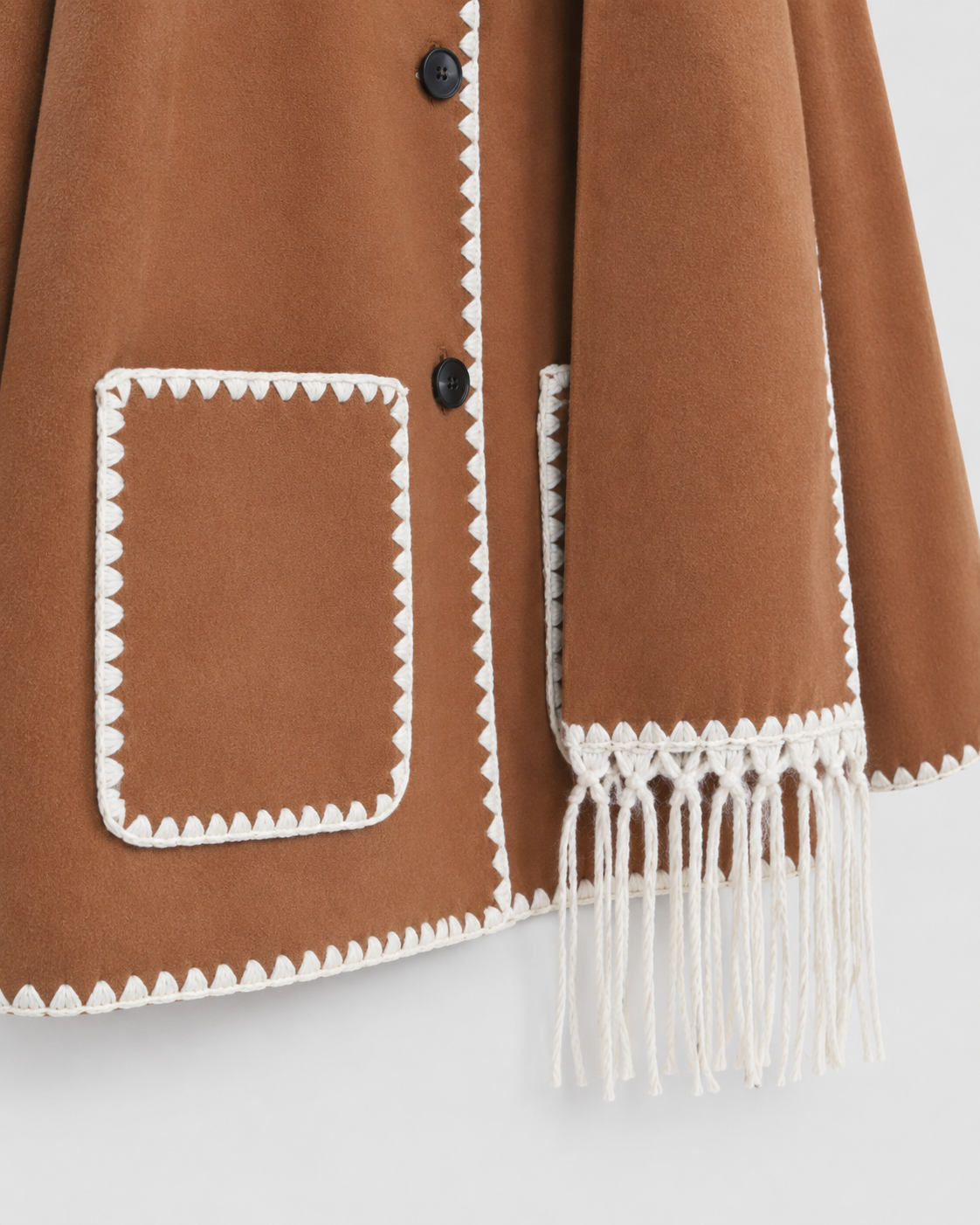 Women's Oversized Scarf Coat - Whipstitch Fringe Trim