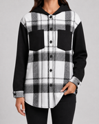 Women's Plaid Hooded Shacket - Contrast Sleeve Jacket