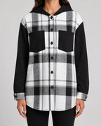 Women's Plaid Hooded Shacket - Contrast Sleeve Jacket