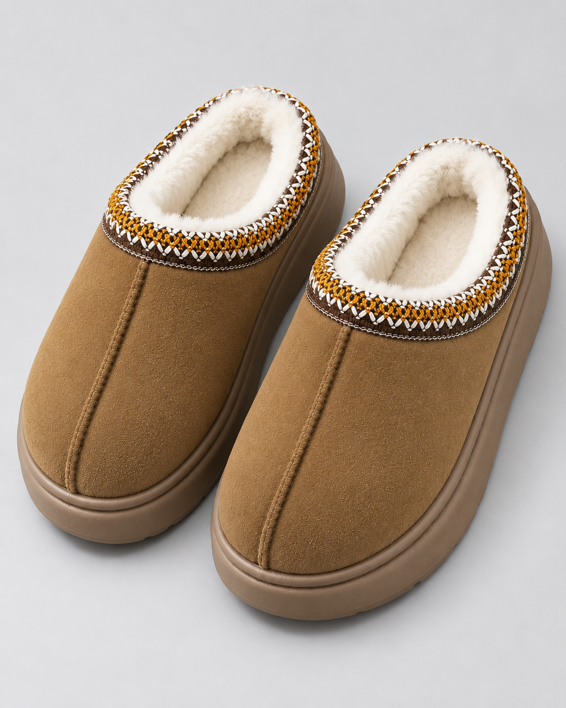 Women's Plush-Lined Suede-Look Slippers – Thick Sole Slip-On