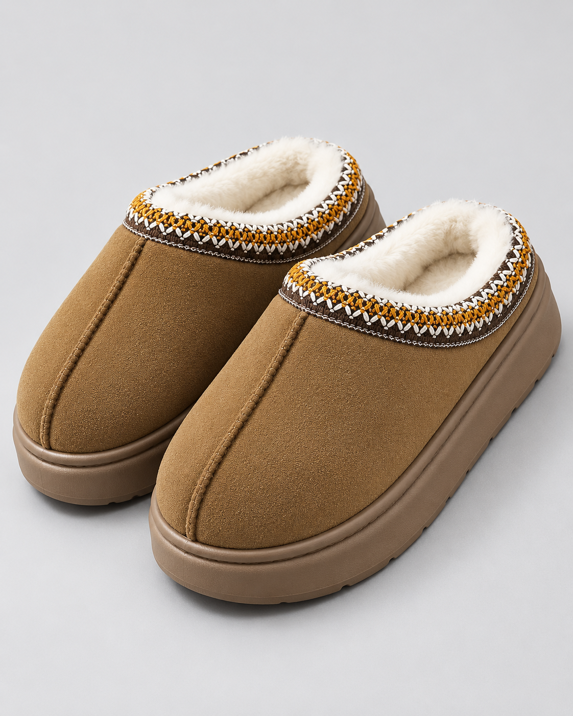 Women's Plush-Lined Suede-Look Slippers – Thick Sole Slip-On