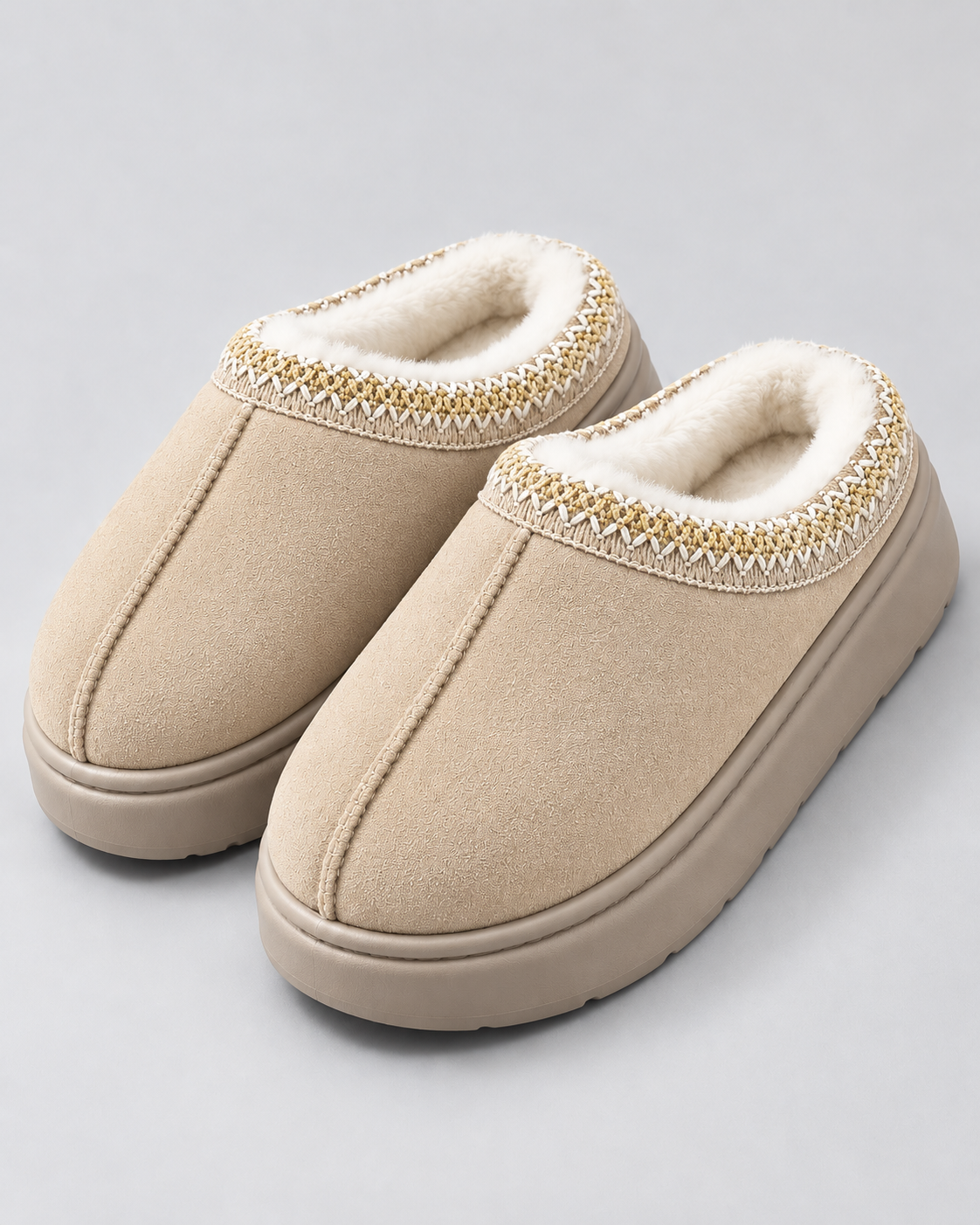 Women's Plush-Lined Suede-Look Slippers – Thick Sole Slip-On