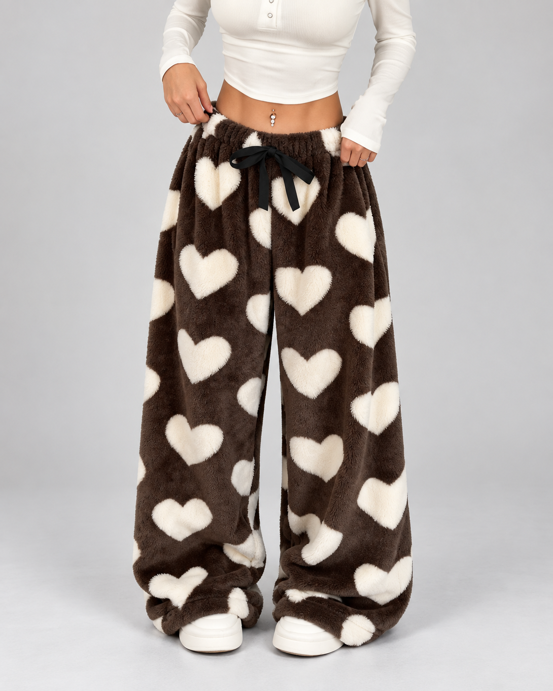 Women's Plush Lounge Pants Heart Print Wide Leg Drawstring