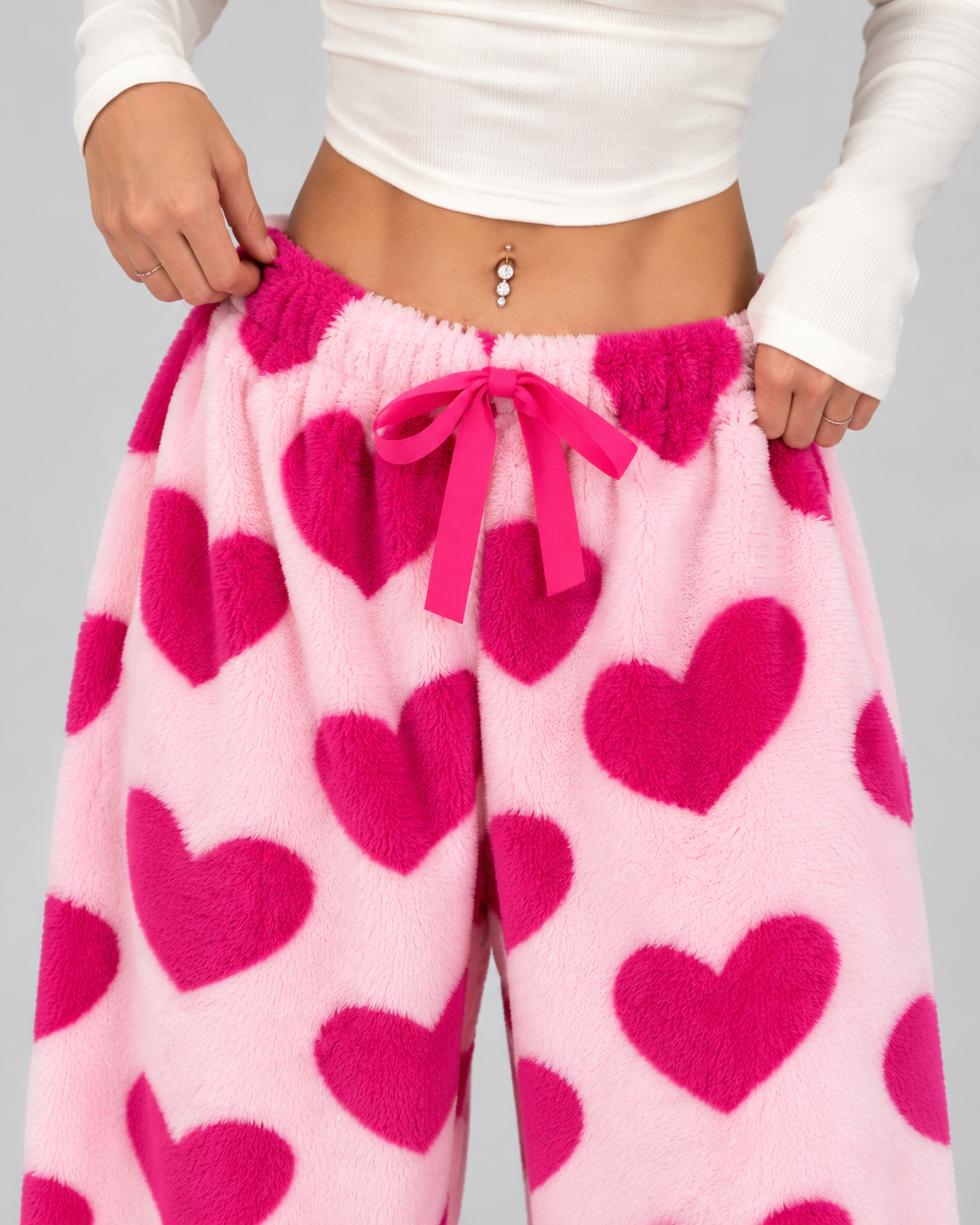Women's Plush Lounge Pants Heart Print Wide Leg Drawstring