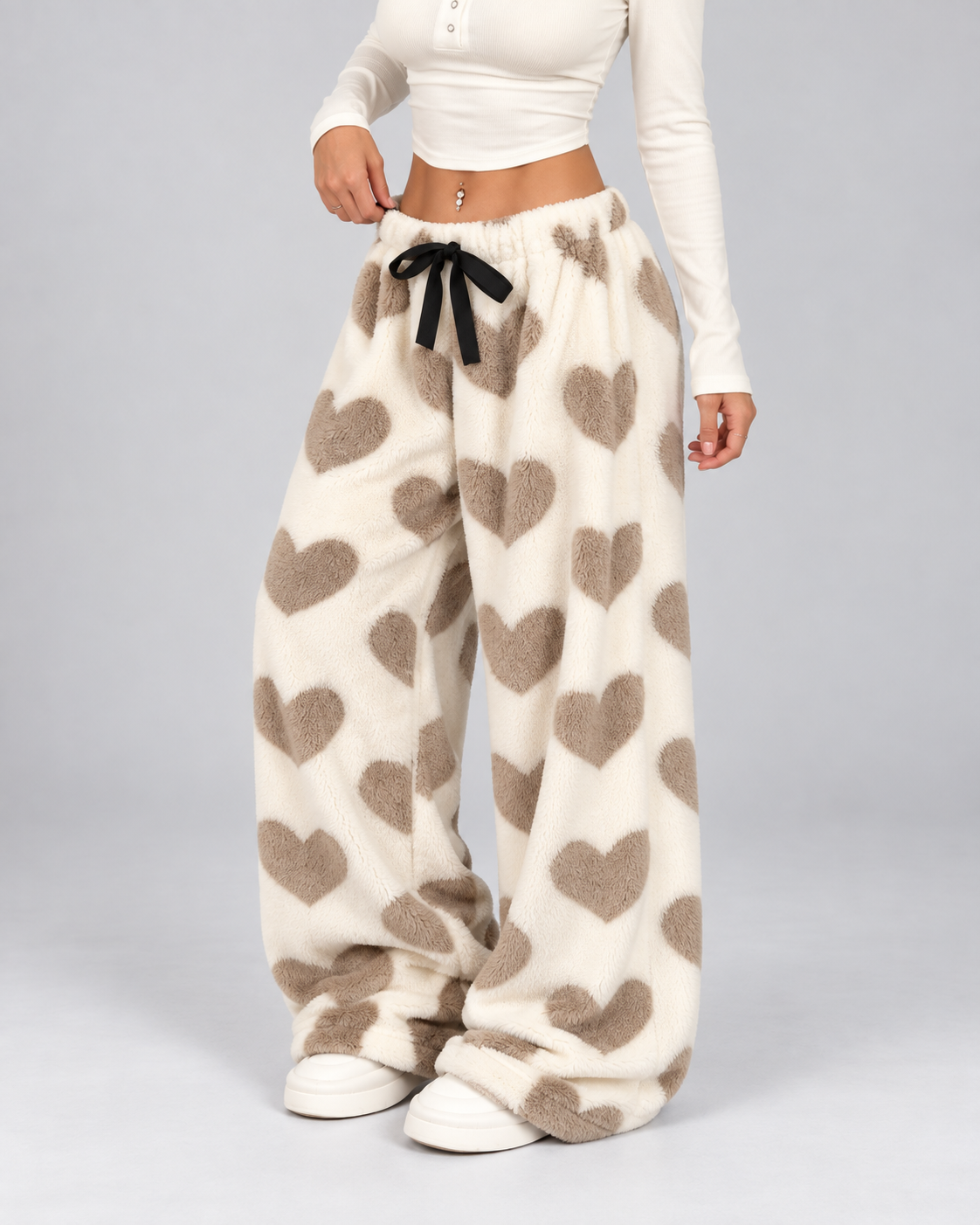 Women's Plush Lounge Pants Heart Print Wide Leg Drawstring
