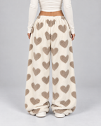 Women's Plush Lounge Pants Heart Print Wide Leg Drawstring