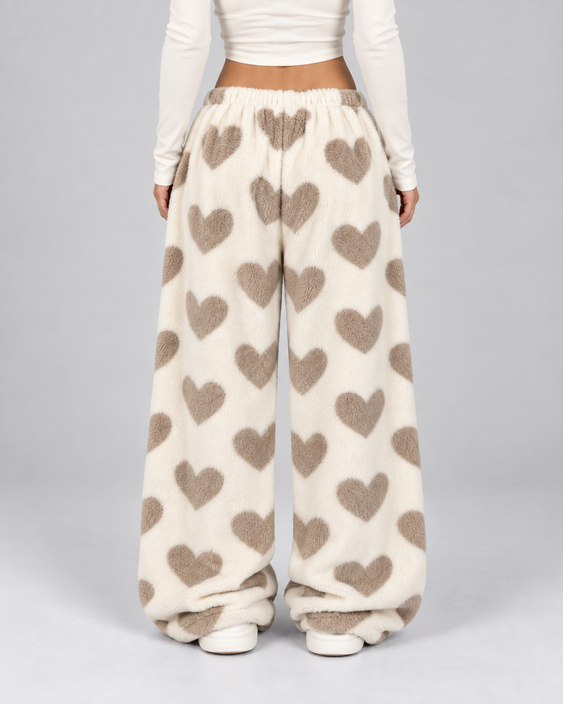 Women's Plush Lounge Pants Heart Print Wide Leg Drawstring