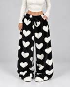 Women's Plush Lounge Pants Heart Print Wide Leg Drawstring