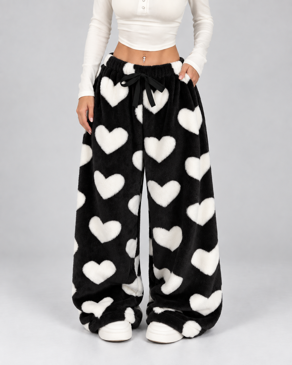 Women's Plush Lounge Pants Heart Print Wide Leg Drawstring