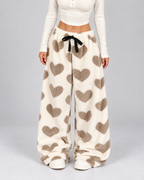 Women's Plush Lounge Pants Heart Print Wide Leg Drawstring