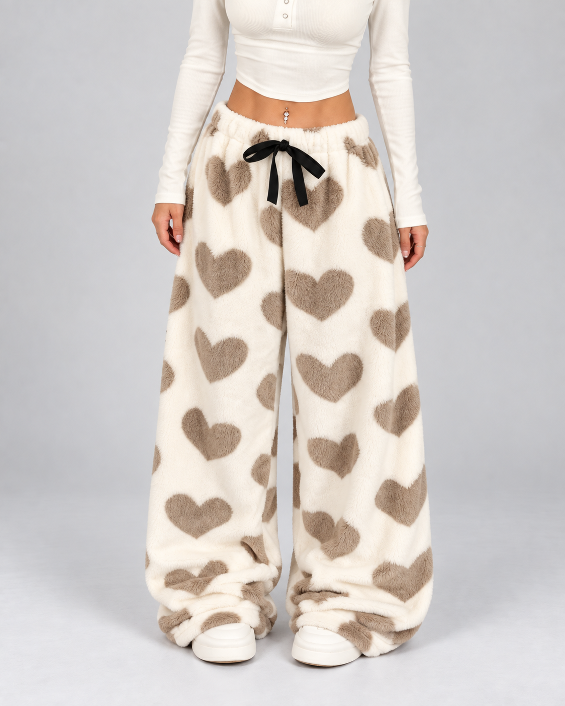 Women's Plush Lounge Pants Heart Print Wide Leg Drawstring