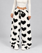 Women's Plush Lounge Pants Heart Print Wide Leg Drawstring