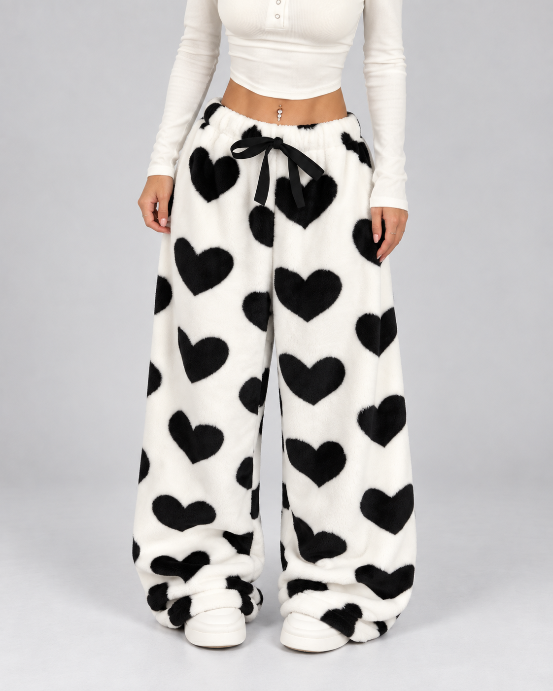 Women's Plush Lounge Pants Heart Print Wide Leg Drawstring
