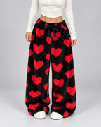 Women's Plush Lounge Pants Heart Print Wide Leg Drawstring