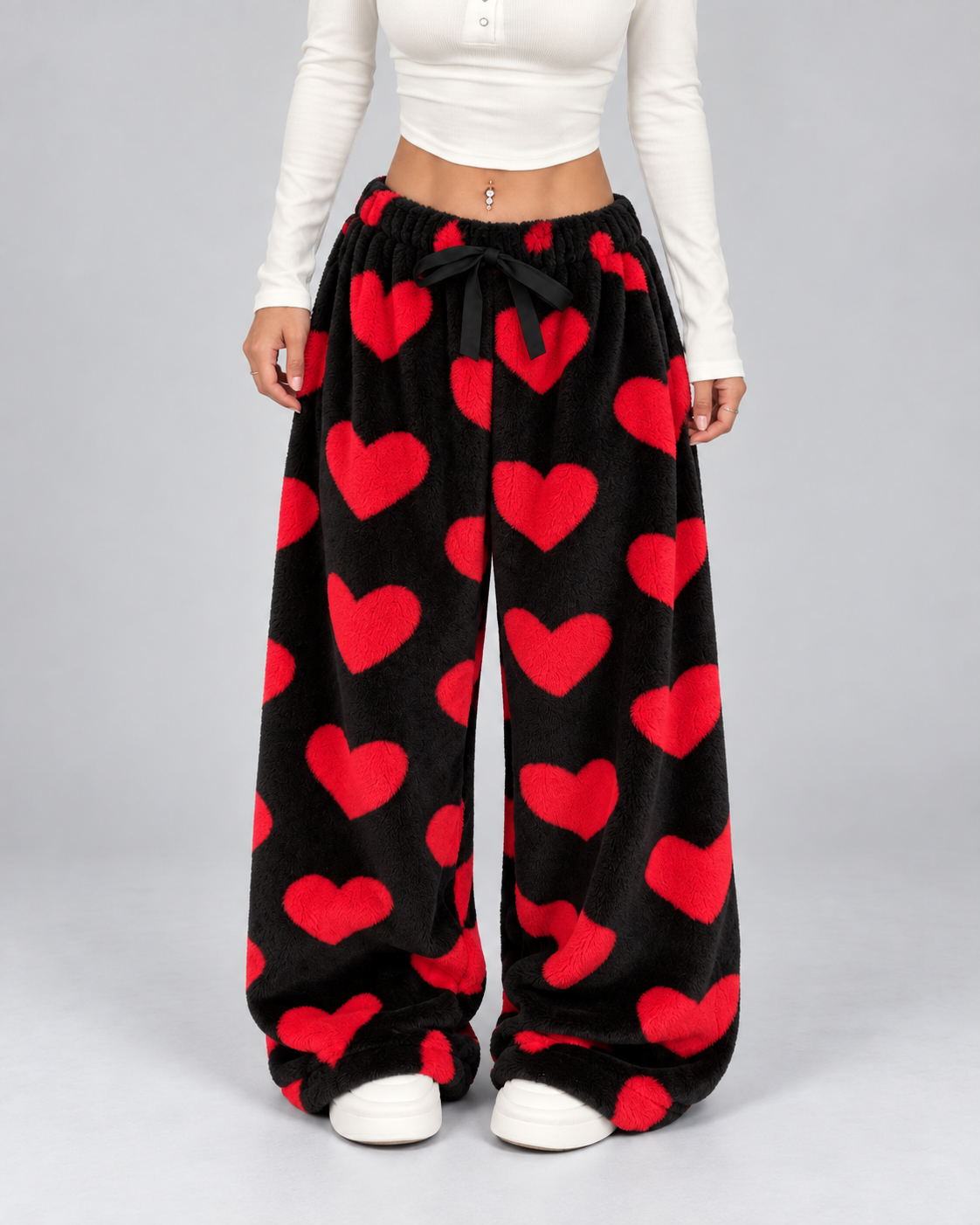 Women's Plush Lounge Pants Heart Print Wide Leg Drawstring