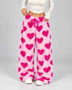 Women's Plush Lounge Pants Heart Print Wide Leg Drawstring