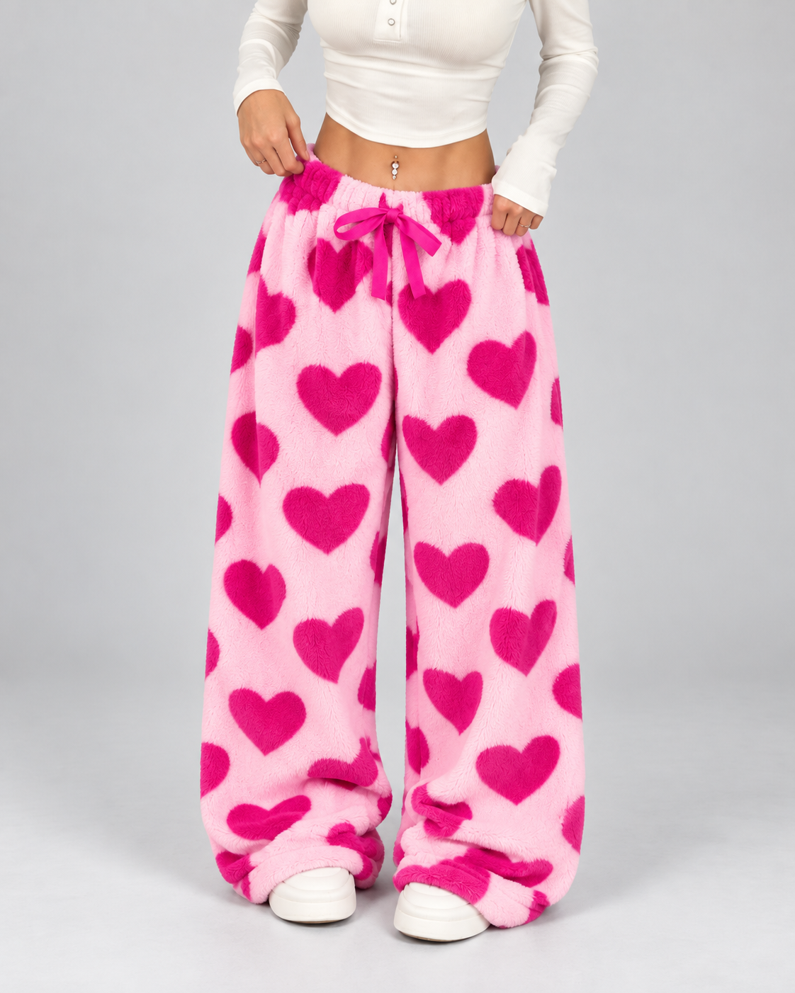 Women's Plush Lounge Pants Heart Print Wide Leg Drawstring