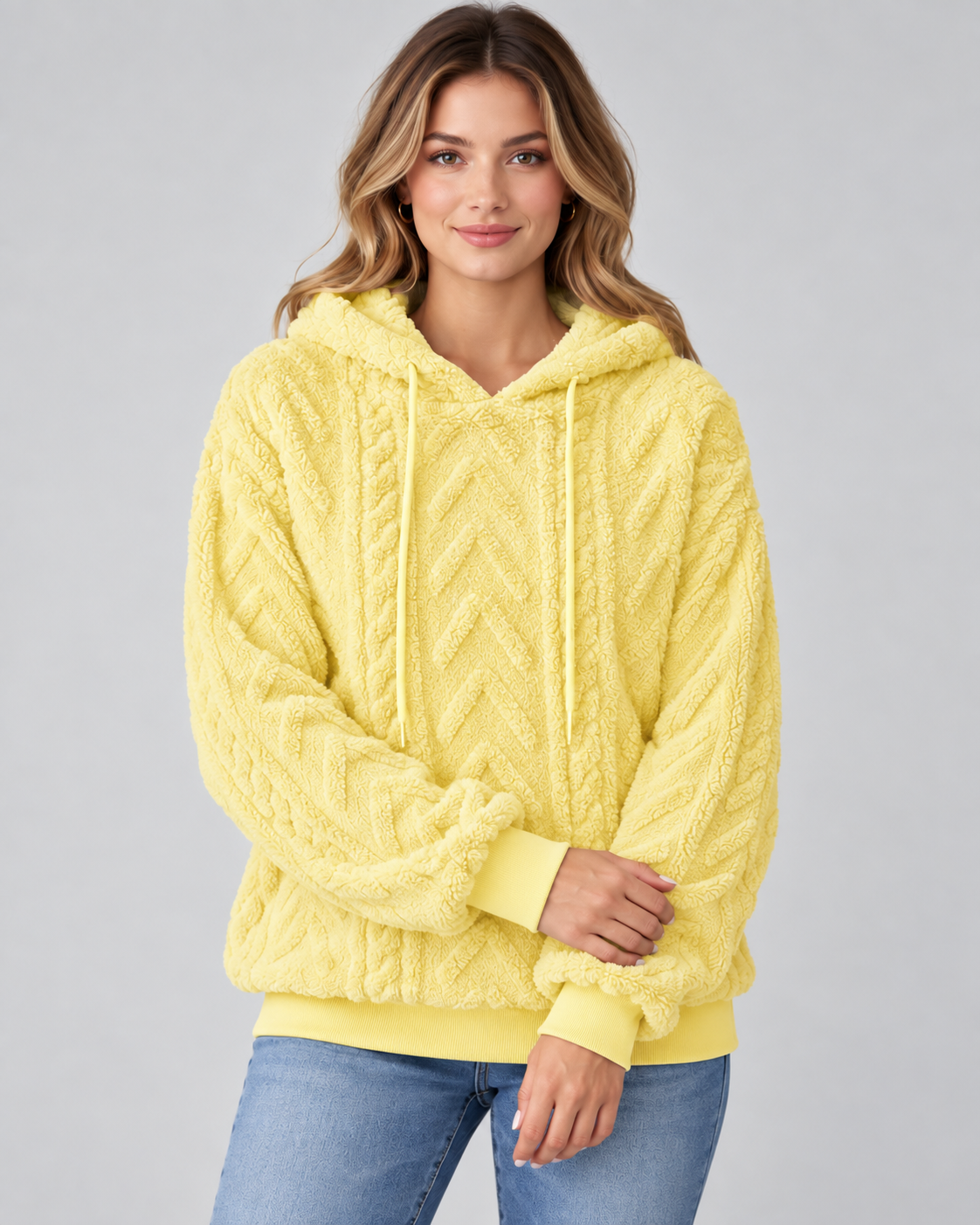 Women's Plush Textured Hoodie – Cable Pattern Relaxed Fit