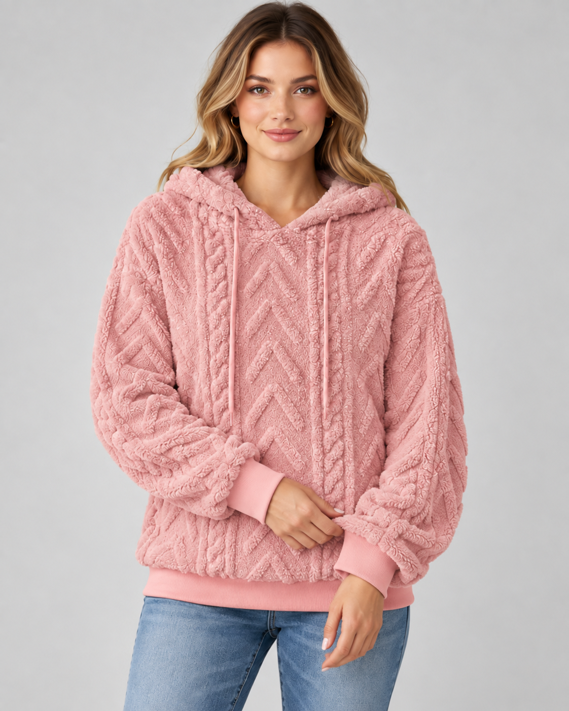 Women's Plush Textured Hoodie – Cable Pattern Relaxed Fit