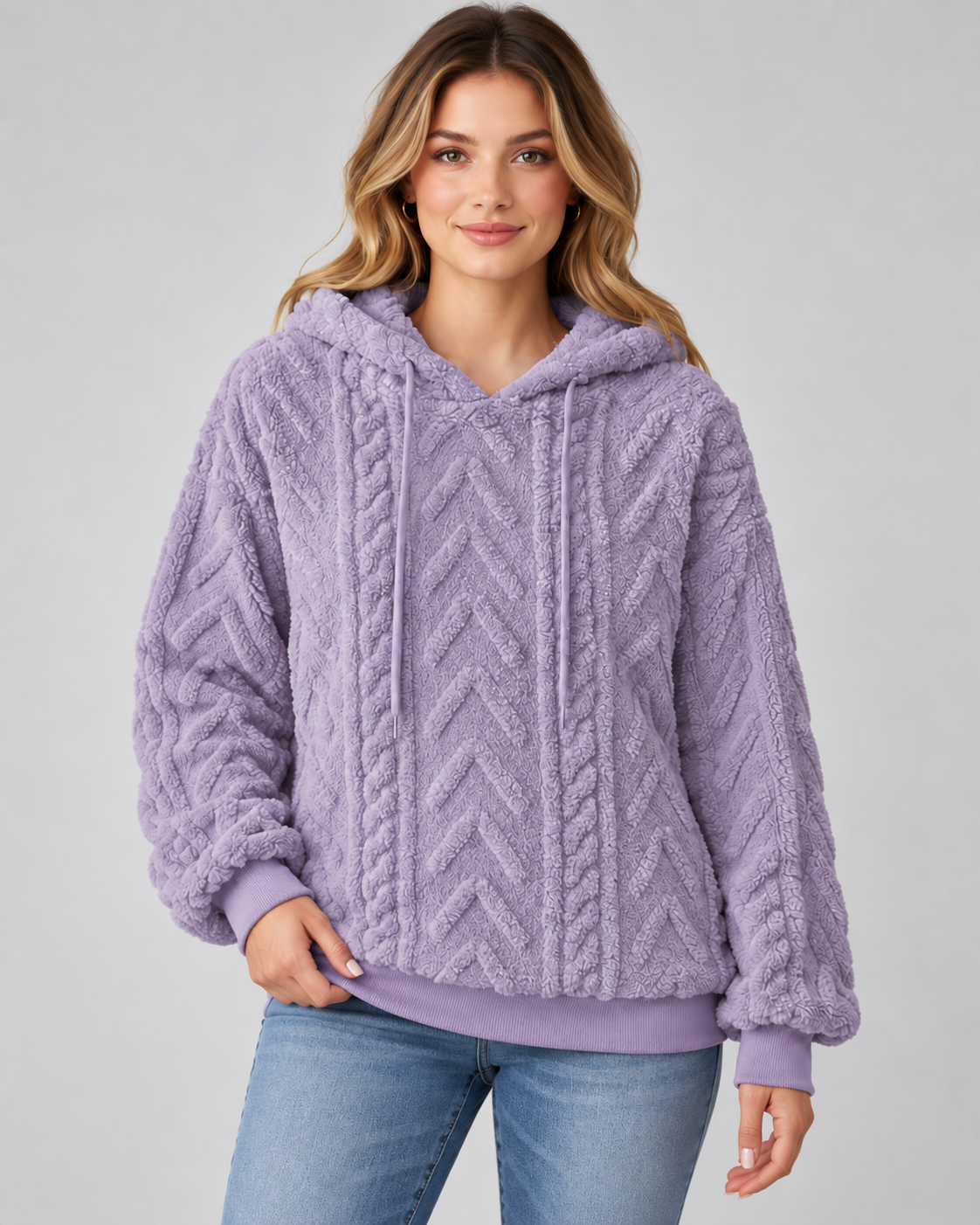 Women's Plush Textured Hoodie – Cable Pattern Relaxed Fit