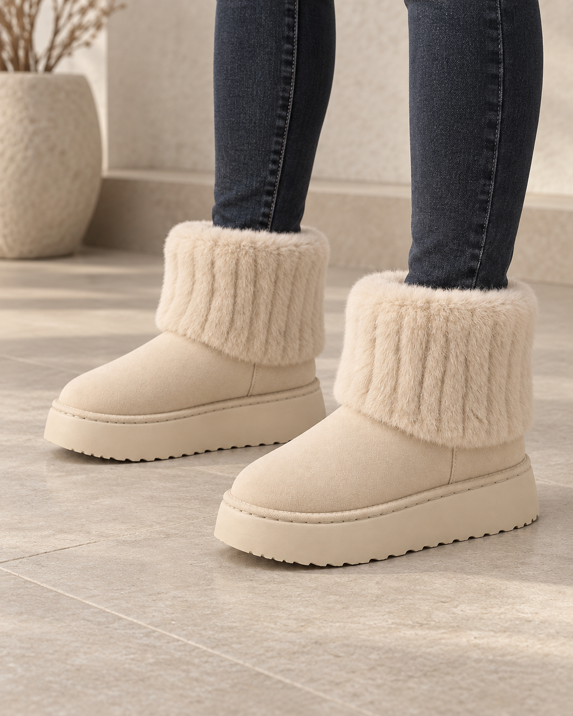 Women's Plush-Trim Winter Ankle Boots – Chunky Platform Sole
