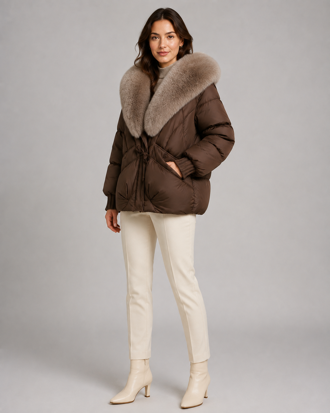 Women's Puffer Jacket - Oversized Fur-Look Collar Short Fit