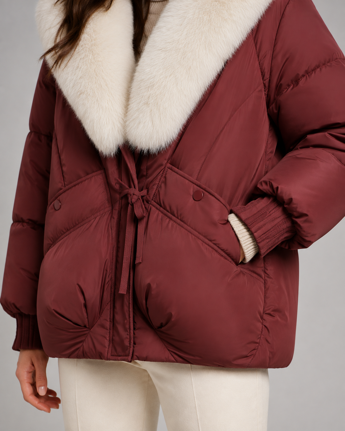 Women's Puffer Jacket - Oversized Fur-Look Collar Short Fit