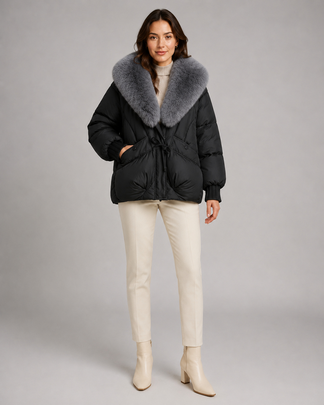 Women's Puffer Jacket - Oversized Fur-Look Collar Short Fit