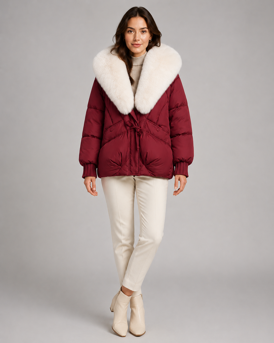 Women's Puffer Jacket - Oversized Fur-Look Collar Short Fit