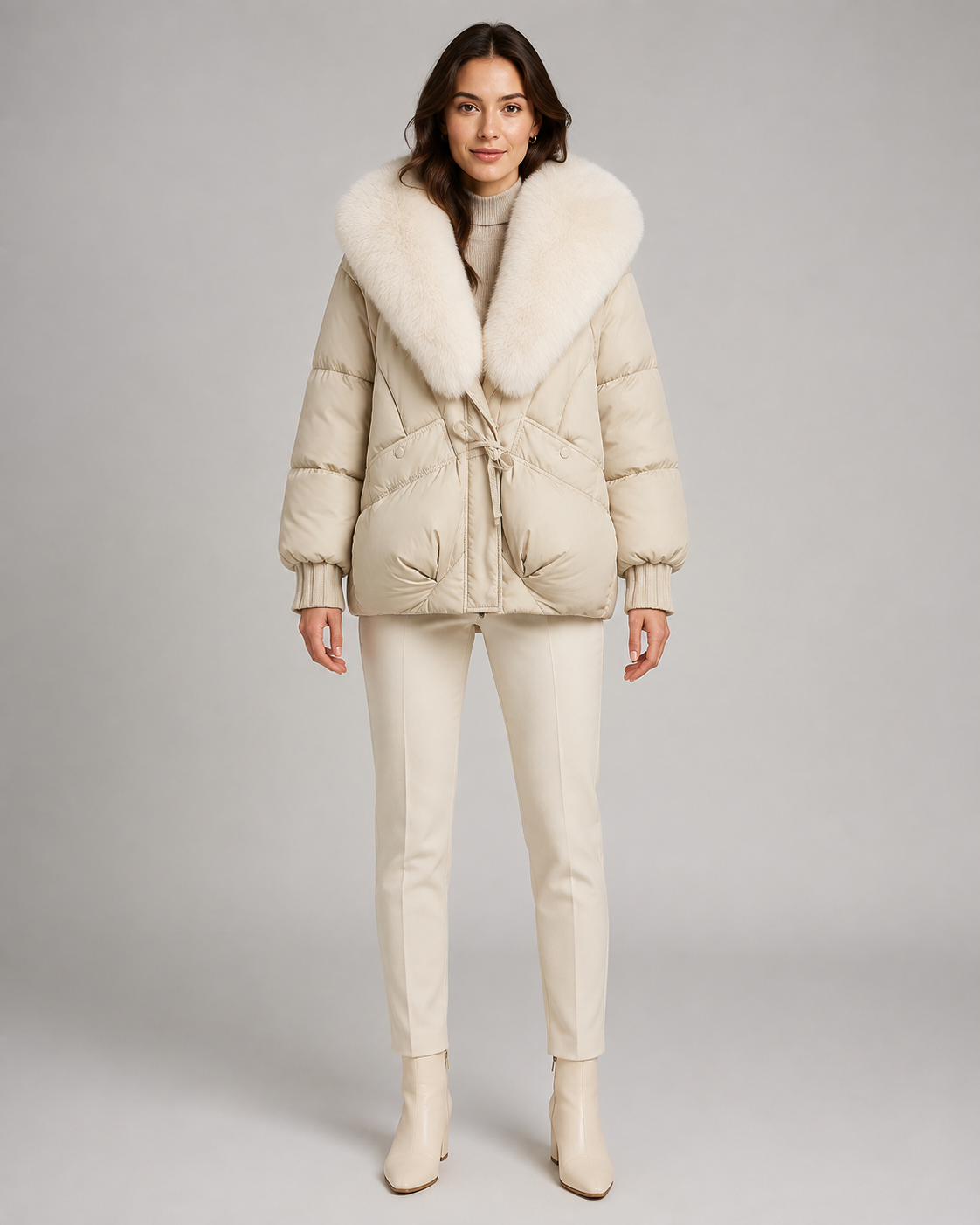 Women's Puffer Jacket - Oversized Fur-Look Collar Short Fit