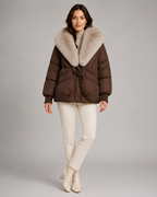 Women's Puffer Jacket - Oversized Fur-Look Collar Short Fit