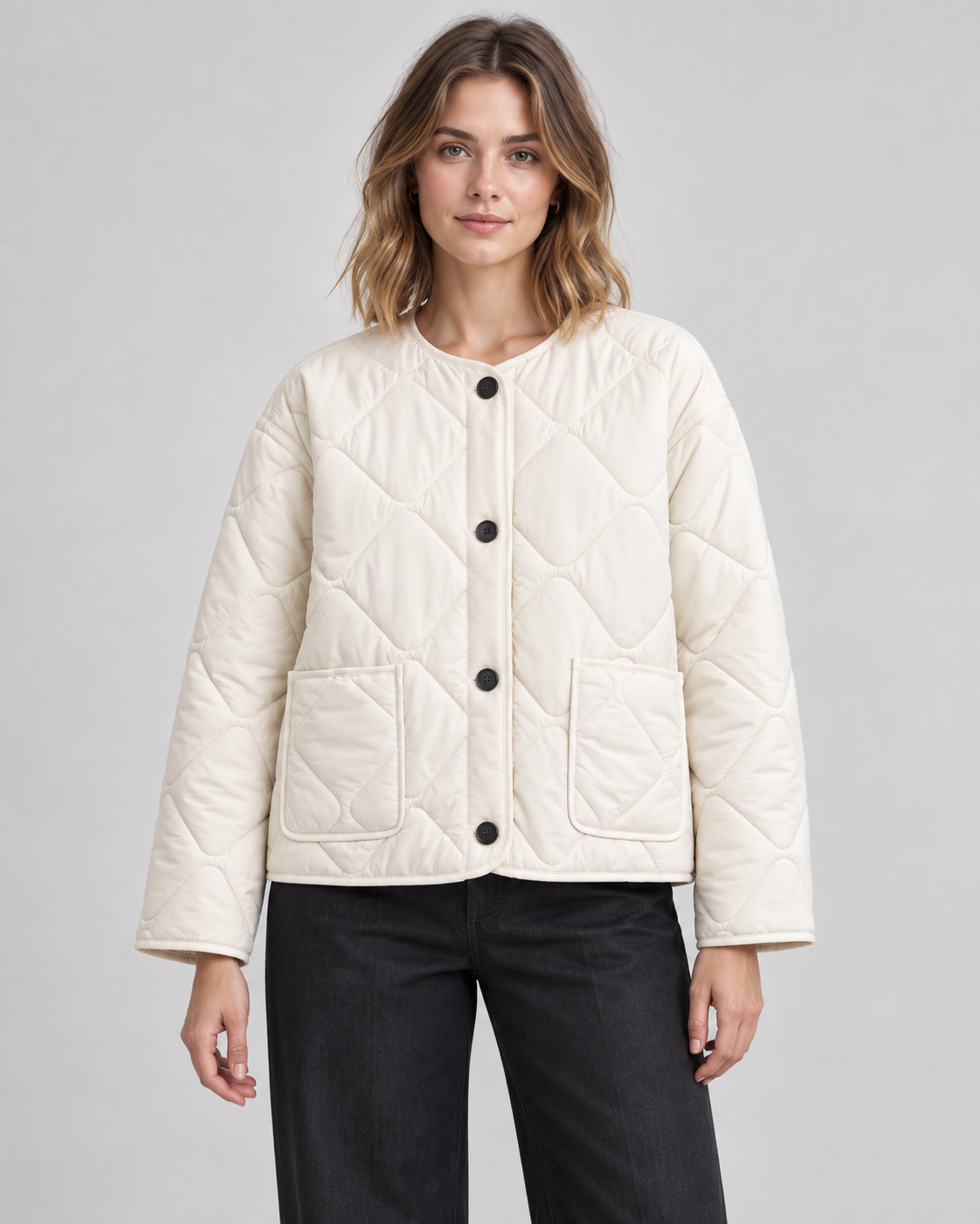 Women's Quilted Liner Jacket - Collarless Button Front Relaxed Fit