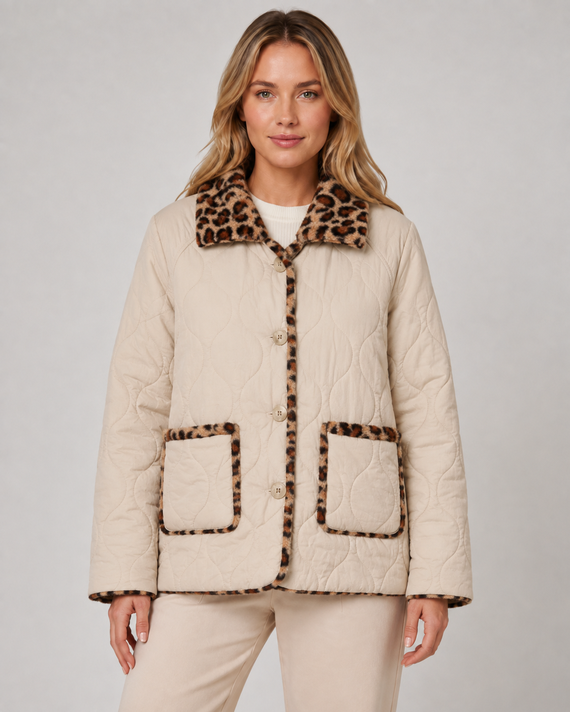 Women's Reversible Leopard Print Jacket - Quilted Button Front