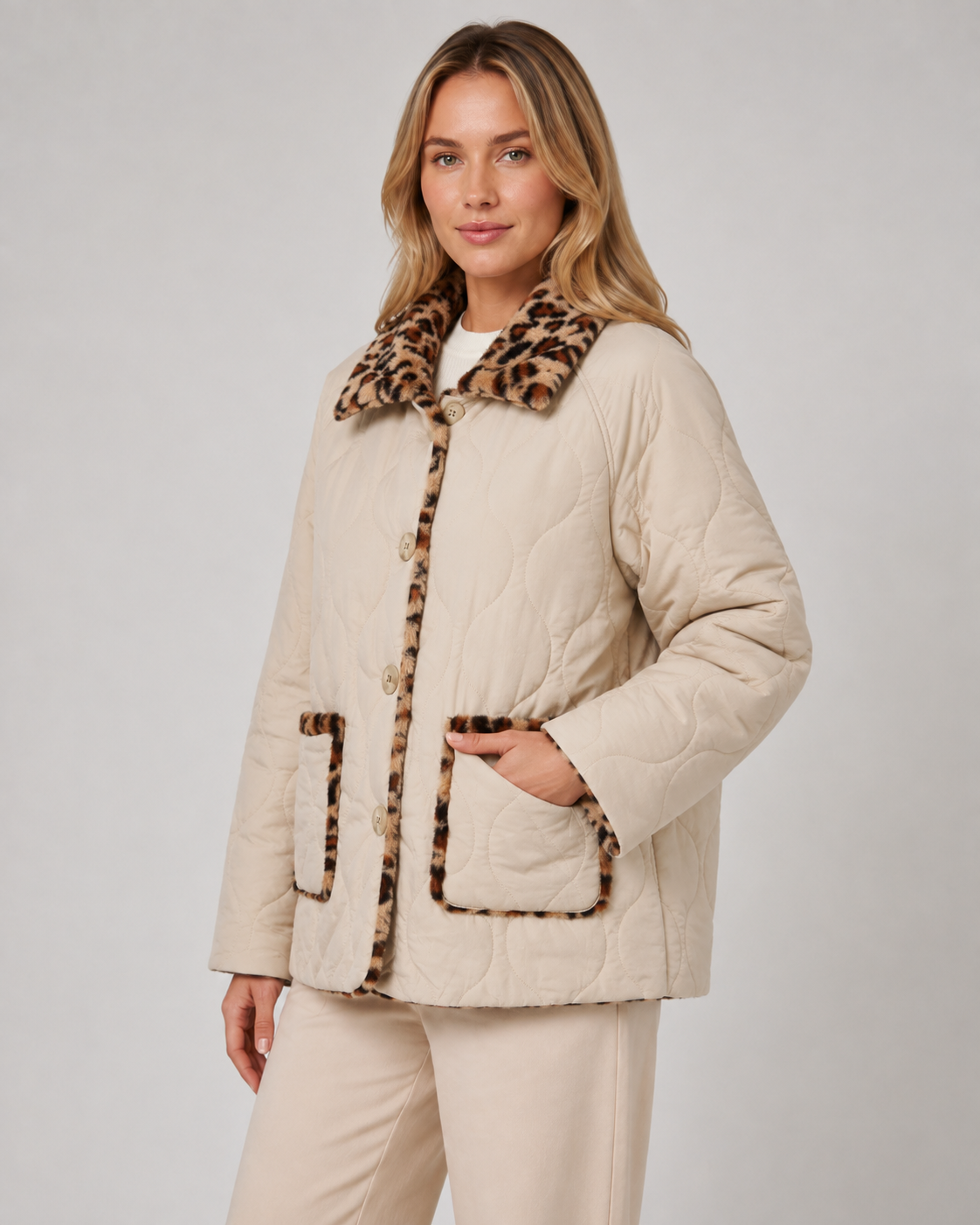 Women's Reversible Leopard Print Jacket - Quilted Button Front